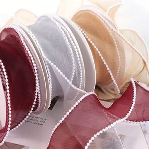 High Quality Elegant 4/6cm Pearl Trim Organza <b>Ribbon</b> for <b>Gift</b> Box Floral Bouquet Packaging 5 Yards/Roll - Product Image 1
