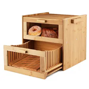 Oem ODM tre bằng gỗ breadbox bánh mì chủ bán sỉ bánh mì thủ môn bin lưu trữ Organizer Double Layer hộp bánh mì cho nhà bếp