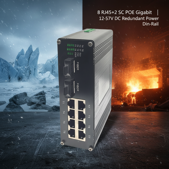 Rugged Industrial 8-port + 2xSC POE Gigabit Ethernet Switch | 12-57V DC | Unmanaged | Din-Rail | 20Gbps | CE FCC