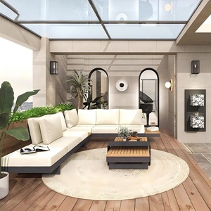 Ensemble de canapé modulaire d'extérieur en aluminium et teck avec fauteuils inclinables réglables, coussins résistants aux intempéries et table basse, meubles de jardin et de terrasse - Product Image 2