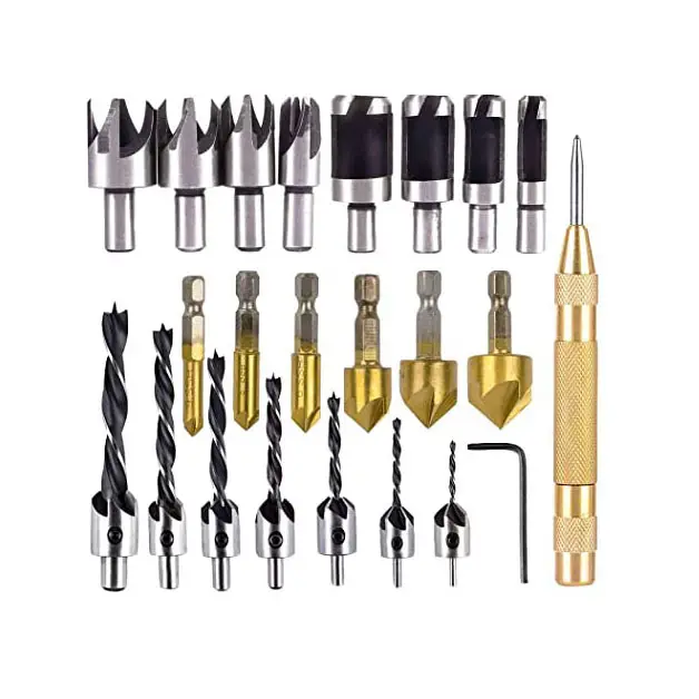 Set di punte per trapano svasatore per trapano per smusso per legno 23Pcs Set di taglierina per legno e punzone automatico per perno centrale