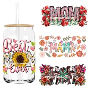 Best Mama With Flowers Mother's Day UV DTF Sticker For 16OZ Libbey Glass Cup Can Mom Wrap Transfer Sticker Custom Label DIY Logo