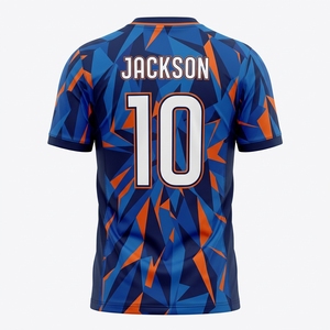 Camiseta de fútbol sublimada geométrica azul y naranja para hombre, manga corta, cuello redondo, absorbe la humedad, camisetas de fútbol unisex sublimadas - Product Image 2