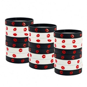 <b>Lipstick</b> Flying Kiss Pattern Silicone Bracelet Black White Boyfriend Girlfriend Rubber Wristband <b>Custom</b> Logo and Information - Product Image 4