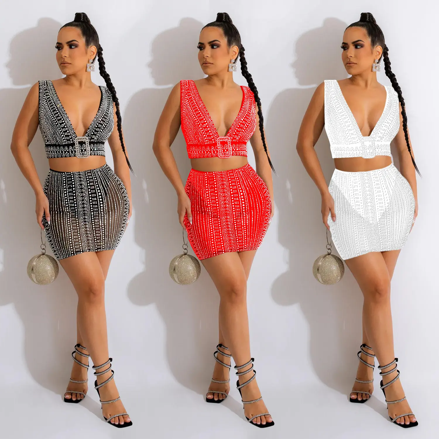 K1770 boutique sets rhinestone shinny v-neck backless sleeveless mesh crop top and mini skirt two piece set women clothing