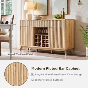 Buffet à panneaux cannelés, 3 tiroirs, 2 portes, étagères réglables, en pin naturel moderne, pour bar à <span class=keywords><strong>vin</strong></span> et café, avec <span class=keywords><strong>porte</strong></span>-verres à <span class=keywords><strong>vin</strong></span> - Product Image 3