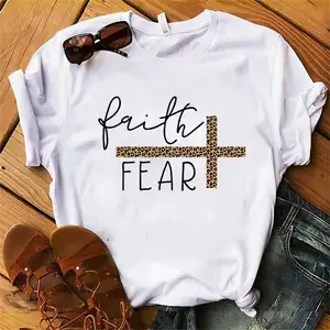 Jesus Cross Print Women T-shirt Leopard Christian Tops Harajuku Faith Love Hope Graphic Tees Female T Shirts Casual Tees