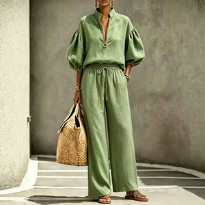 Ensemble de costume décontracté pour femme, bleu clair, demi-zip, manches lanternes, coupe ample, tailles S M L XL XXL, style Europe, Amérique, Moyen-Orient, pour le quotidien - Product Image 3