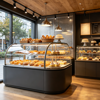 Airy Luxe Bakery & Coffee Market Stall Featuring Glass Display Case, Open Tiered Shelving, and Integrated Warm Lighting
