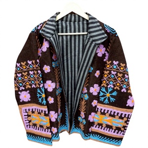 Veste matelassée pour femme en velours côtelé gaufré avec broderie florale, manches longues, en coton, printemps-automne - Product Image 1