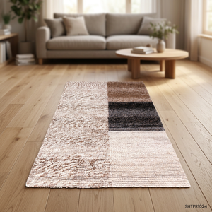 Tapis rectangulaire artisanal en laine, moderne, abstrait, géométrique, beige et marron, à poils plats, pour salon et usage domestique - Product Image 5