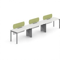 Banc de travail moderne 3 places avec écran de confidentialité en tissu, pour centre d'appels ou bureau à aire ouverte, avec pieds en métal