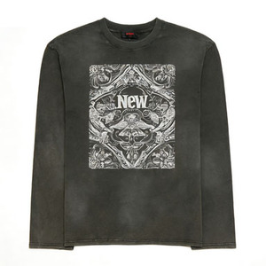 <span class=keywords><strong>T</strong></span>-shirt à manches longues gris foncé délavé vintage avec motif imprimé rétro complexe, col rond classique, coupe ample décontractée - Product Image 1