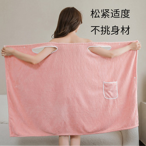 Peignoir en polaire corail, robe de chambre, couleur unie, doux, absorbant, épaissi, pour usage domestique, ensemble 2 pièces - Product Image 5
