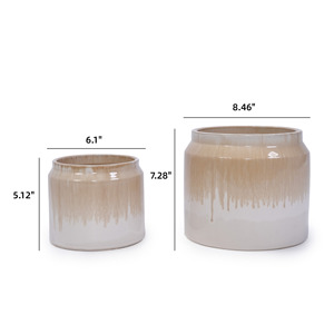 Juego de 2 macetas de cerámica hechas a mano de 6 y 8 pulgadas de diámetro, con esmalte beige, para uso en interiores y exteriores. - Product Image 4
