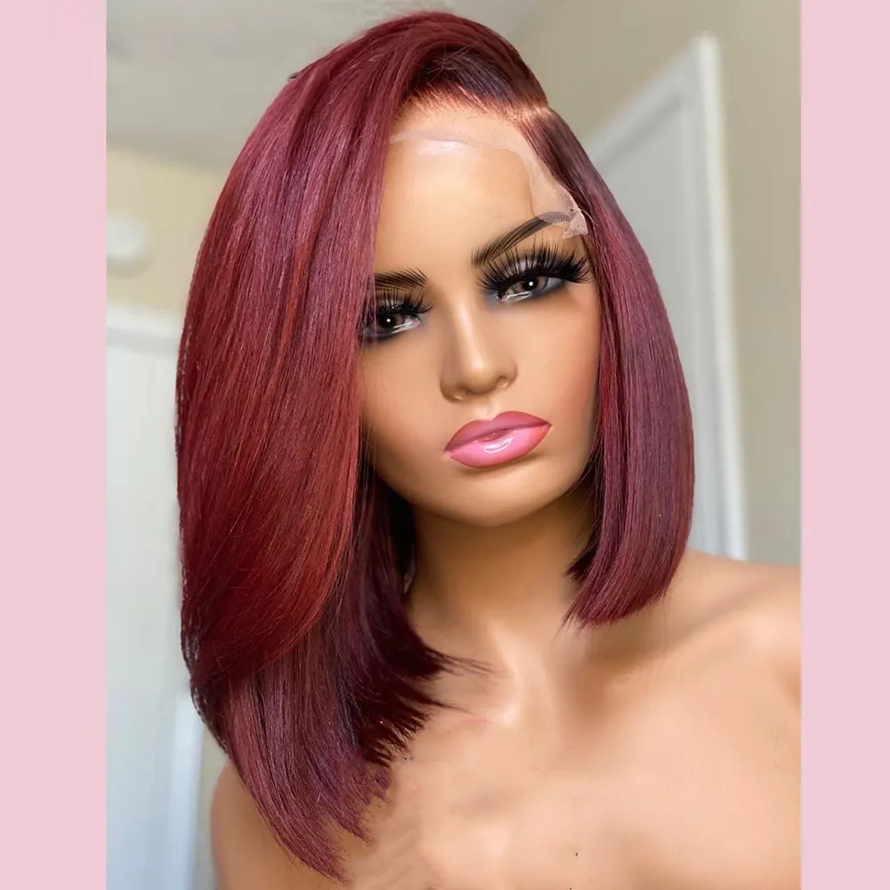 99J Red Wig Burgundy Human Hair Wigs HD Lace Frontal Ombre Colored Straight Bob Pre Plucked Hairline Wigs for Black Woman