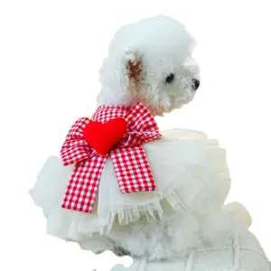 High quality Valentine's Day style dog cat clothing plaid princess gauze skirt love fluffy skirt