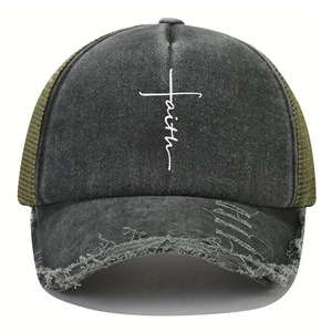 Faith Cross Impreso Gorra de béisbol Vintage Raw Hem Lavado Desgastado Malla transpirable Sombrero para el sol Sombreros ajustables para papá - Product Image 5