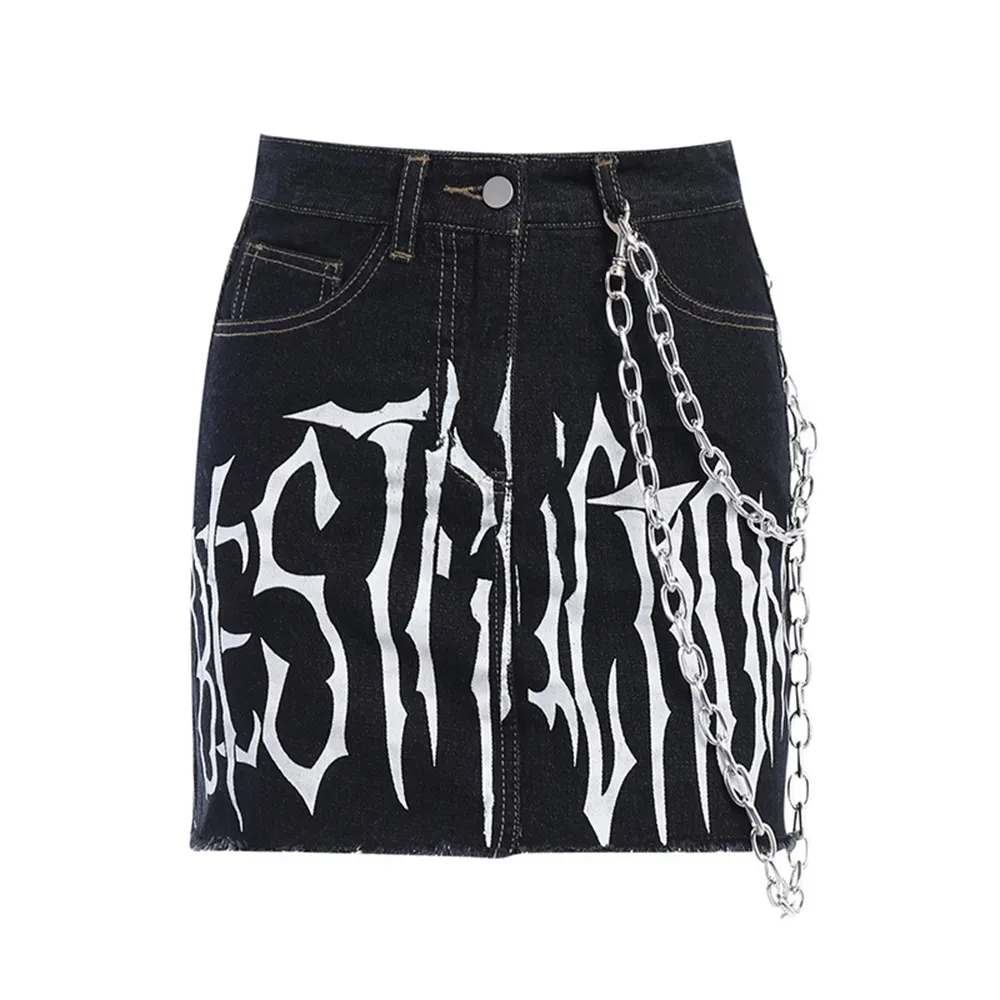 Letters Printed Black Sexy Denim Skirt WGS017 Punk Gothic Women Short Mini Pencil Skirt with Chain