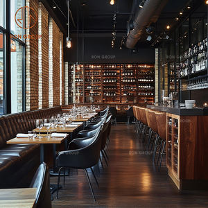 Set di Arredamento Moderno per Caffetteria e Ristorante, Divanetto in Pelle Marrone con Design a Cucitura Classica e Tavoli da Pranzo in Legno Massello - Product Image 5