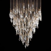 Lustre long en verre soufflé à la main de luxe avec accents métalliques dorés, suspension LED personnalisable à hauteur réglable pour hôtel/villa/restaurant
