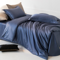 Parure de lit de luxe élégante 140S 100% coton, housse de couette douce et soyeuse pour l'été, taille Queen et King, bleu foncé uni