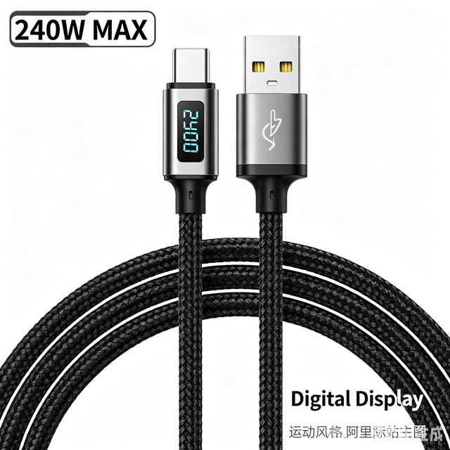 240W USB-C to USB-C Data Cable with Digital Display | E-Marker Chip Fast Charging | Nylon Braided, Durable for Laptops & Phones