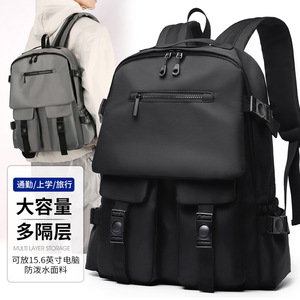 Laptop <b>Backpack</b> <b>Large</b> Capacity Waterproof Multi Layer Storage For Business Travel School Unisex Solid Color Black Gray - Product Image 1