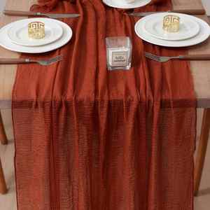 1 pièce Chemin de table en gaze de toile de jute terracotta style bohème, 10 pieds (120 pouces) de long, voile rustique, lavable en machine, pour la maison et les fêtes, en polyester - Product Image 1