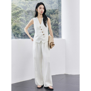 Women Sleeveless Vest Solid Color Button Front Summer Casual Work Wear Two Piece Set - Product Image 3