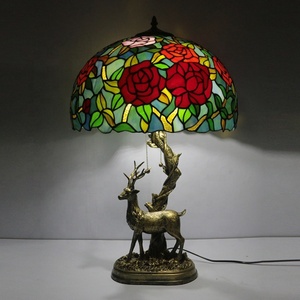 LongHuiJing European 16Inch Tiffany Dome <b>Table</b> <b>Lamp</b> with Rose Flower Stained Glass Lampshade and Deer Resin <b>Base</b> AC LED 2700K - Product Image 1