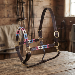 Harnais de cheval en cuir brun de haute qualité avec surpiqûres en nylon blanc, rose et bleu, équipement équestre personnalisé - Product Image 3
