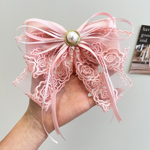스위트 스타일 공주 소녀 레이스 리본 헤어 클립 요정 머리 장식 리본/자수 롱 테일 리본 바레트 - Product Image 2