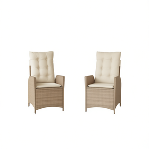 Beige Poly Rattan Reclining Patio Chairs With <b>Cushions</b> Outdoor Garden Furniture Set - Product Image 1