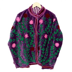 Handmade Woven Velvet Cotton Shell <b>Jacket</b> for <b>Women</b> Embroidered with Green Leaf Floral Design Eco-Friendly Boho <b>Vintage</b> Style - Product Image 1