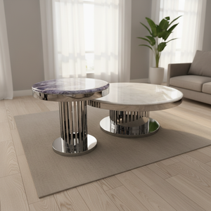 Améthyste ; Ensemble de tables basses en pierre de luxe blanc flocon de neige avec petite <span class=keywords><strong>table</strong></span> <span class=keywords><strong>basse</strong></span> en marbre, ronde, luxueuse, sensation haut de gamme - Product Image 1