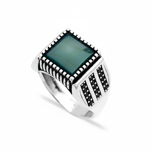 Square Green Agate Gemstone Round Emerald Stone Design Ottoman <b>Men's</b> <b>Ring</b> Turkish Handmade Wholesale Authentic <b>Silver</b> <b>Men</b> <b>Ring</b> - Product Image 2