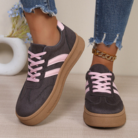 Baskets compensées roses rayées pour femme, aspect daim, à lacets, bout rond, style rétro, chaussures plates décontractées pour la marche