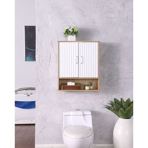 <b>Adjustable</b> White Natural Wood Bathroom Wall Cabinet with Double Door & Bottom <b>Shelf</b> Wavy Patterned Doors Easy Installation - Product Image 6