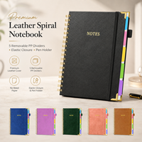 Cuaderno Espiral de Cuero PU, 5 Temas, Rayado, con Separadores de PP Extraíbles, Papel de 100 g/m², Banda Elástica y Portaplumas