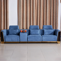 Canapé inclinable électrique de luxe 3 places avec table console, porte-gobelets, USB, velours bleu, finition dorée