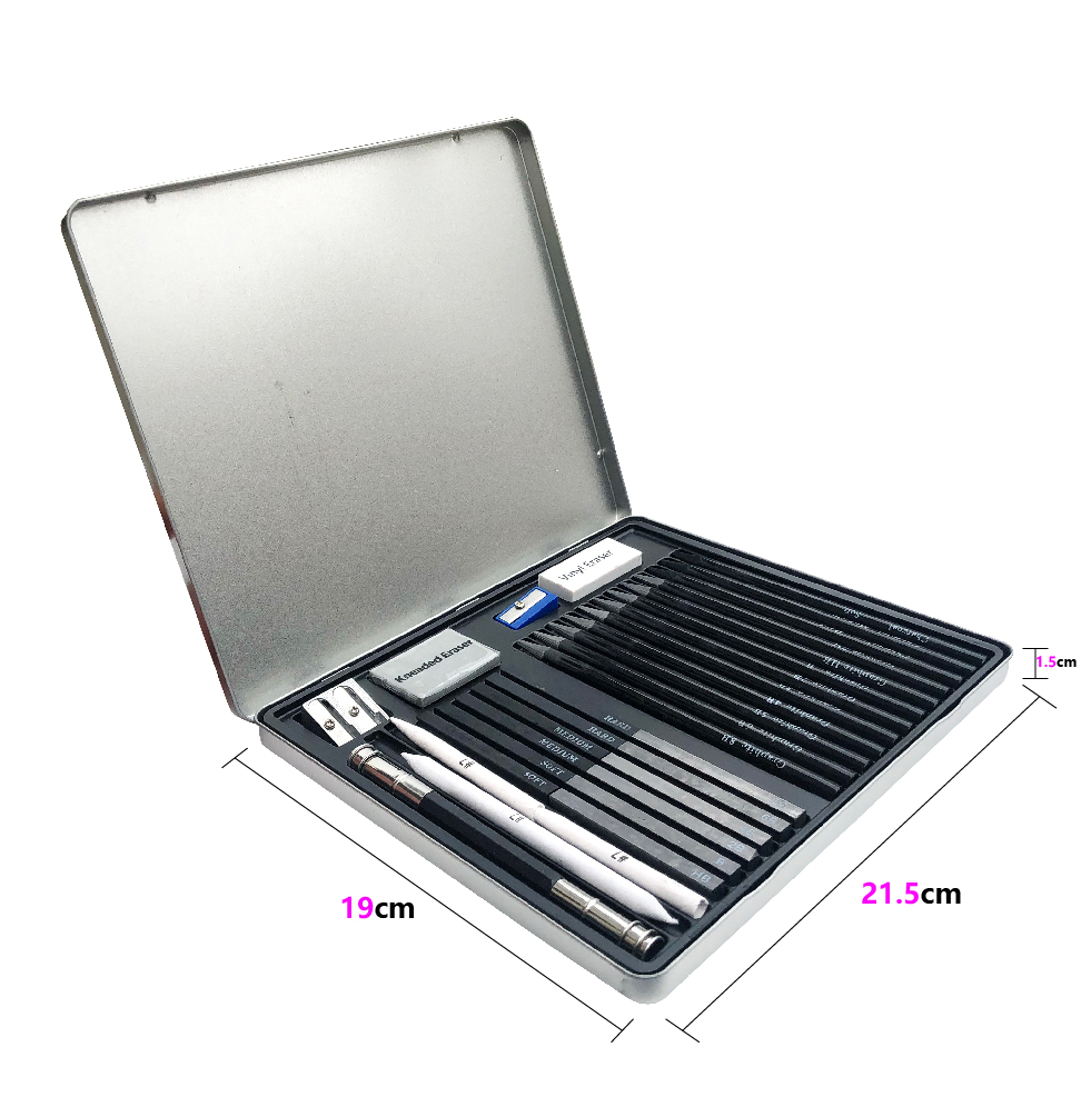 Набор карандашей для рисования без древесины, черный карандаш с древесным углем, упакованный в оловянную коробку из 32 шт.