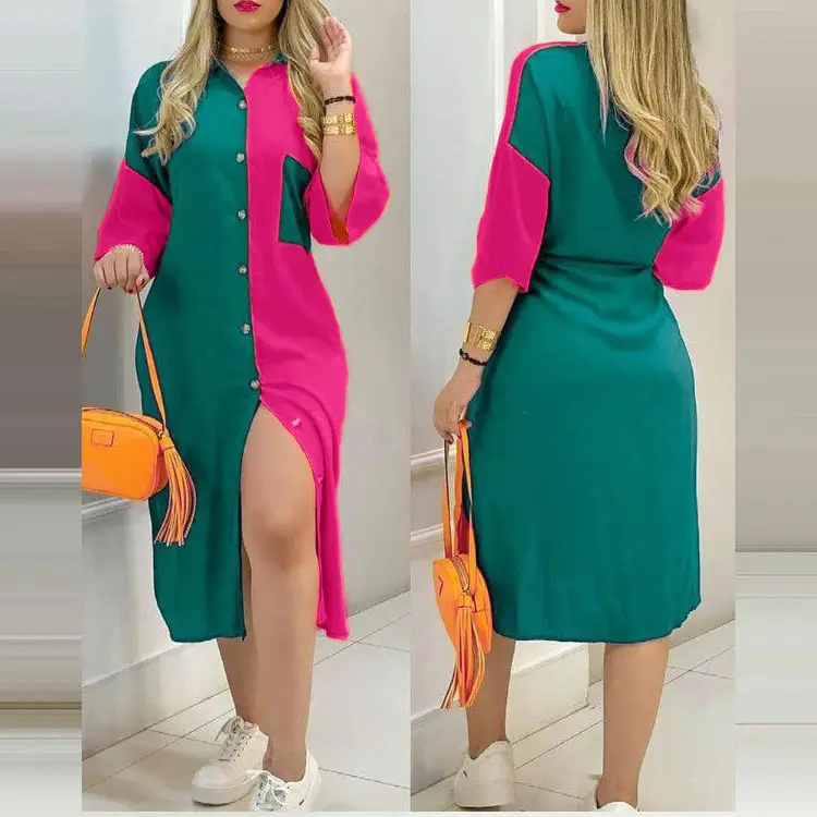 Ladiesnbeachrast Color Irregular Long Sleeve Shirt Casual Dress Hot Sale New 2022 Autumn Color Blocking 100% Cotton Satin Women