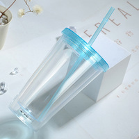 Taza de agua brillante transparente con luz LED colorida creativa de 16oz, taza de paja de plástico de doble capa