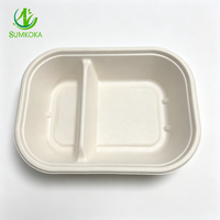 SUMKOKA 800ml Bol alimentaire rectangulaire jetable en bagasse de canne à sucre biodégradable à 2 compartiments, compatible micro-ondes