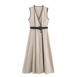 PB&ZA <span class=keywords><strong>Donna</strong></span> 2025 Estate Nuovo <span class=keywords><strong>Abito</strong></span> Chic alla Moda in Lino <span class=keywords><strong>MIDI</strong></span> con Cintura Vestito Vintage Senza Maniche Abiti Femminili Robe Mujer - Product Image 1