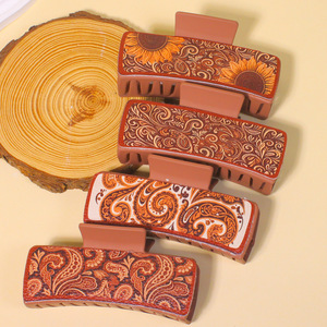 Pinza de Pelo Rectangular de Piel Sintética con Estampado Paisley y Girasol, Pinza de Pelo Retro Boho, Accesorios de Moda para el Cabello - Product Image 4