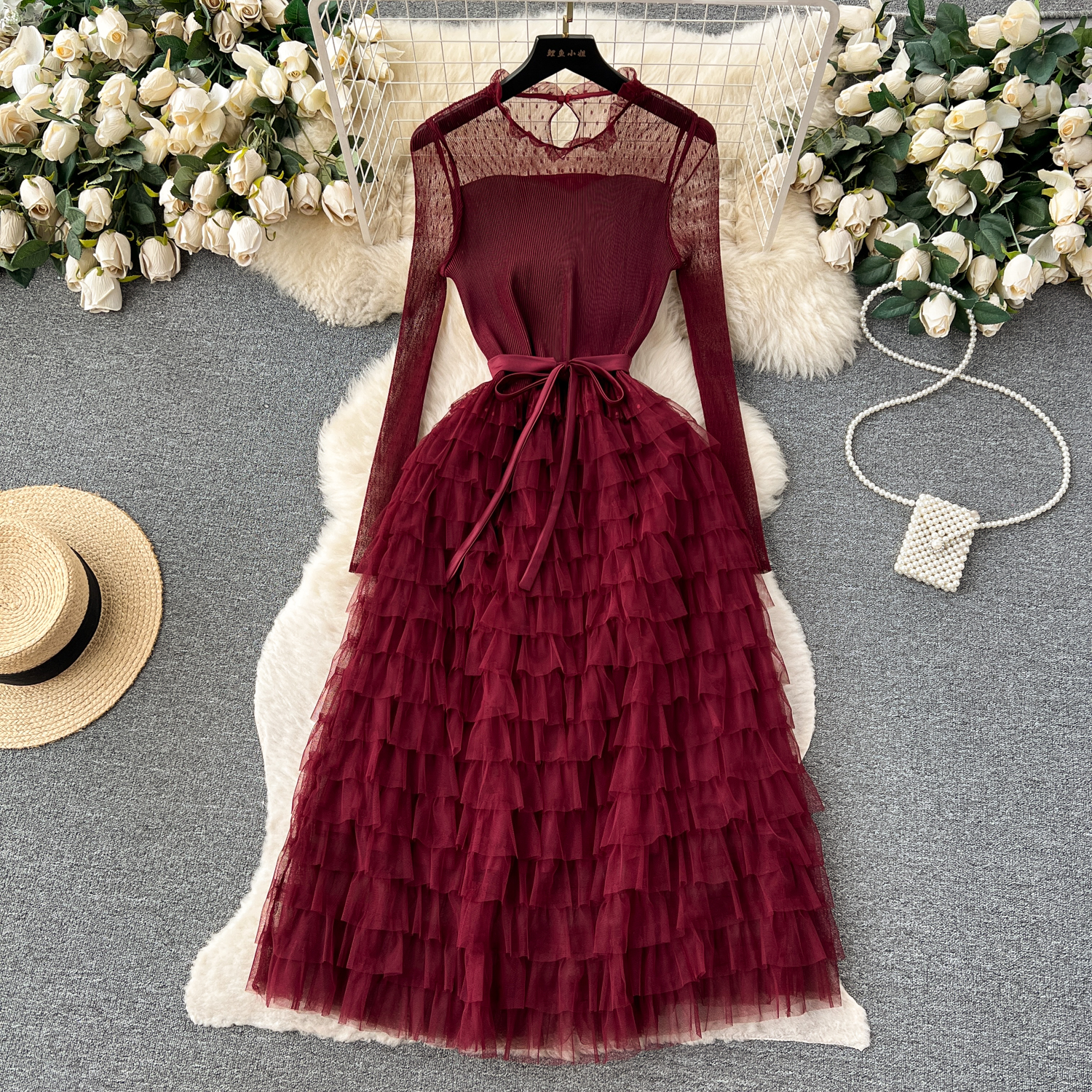 Fall Fairycore Tunic Bandage Ruffle for Women Empire Patchwork Mesh Dress  Burgundy| Alibaba.com
