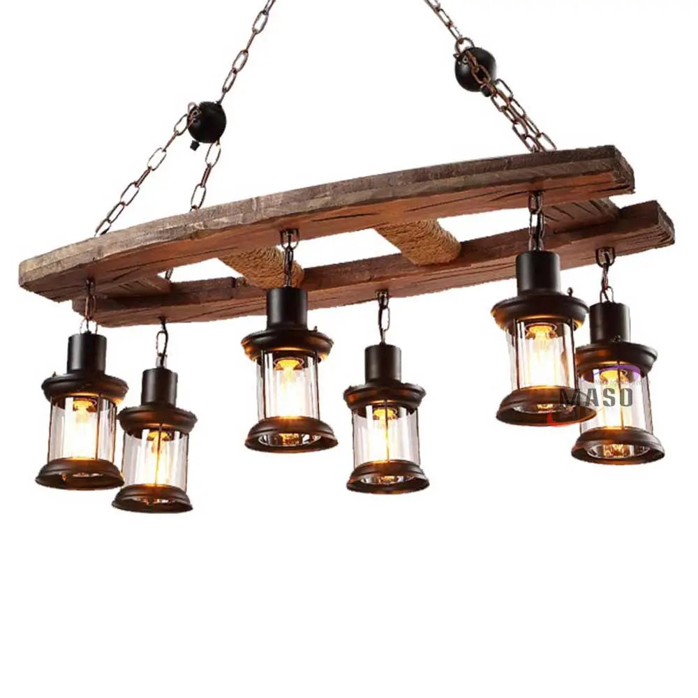 Lámpara colgante de madera maciza antigua, 6 luces hechas a mano, estilo antiguo