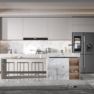 Meuble de cuisine encastré blanc de style français avec îlot en pierre frittée et armoire à vin en verre pour maisons de luxe - Product Image 4
